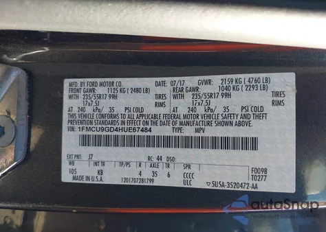 2017 Ford Escape Se из США, поврежденный, VIN 1FMCU9GD4HUE67484